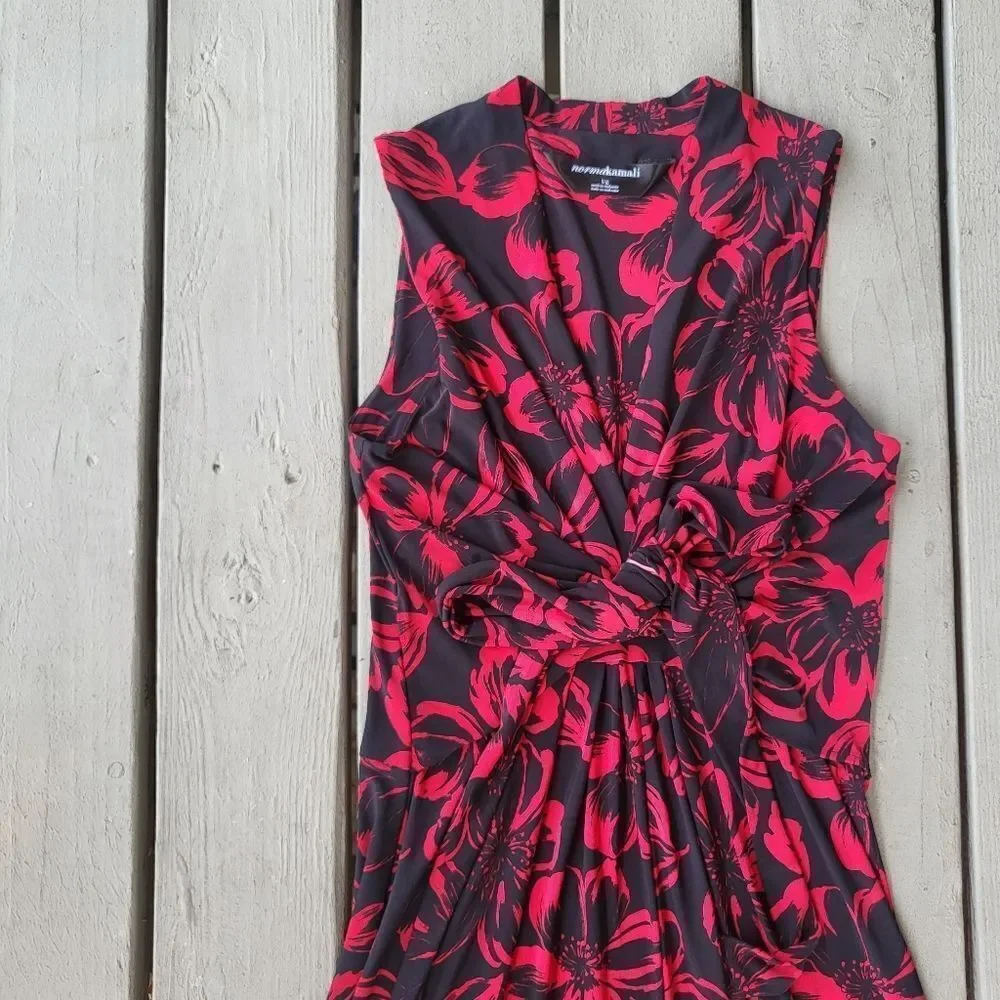 Norma Kamali‎ Red Black Floral Faux Wrap Sleeveless V-Neck Jersey Dress S… - Picture 4 of 5